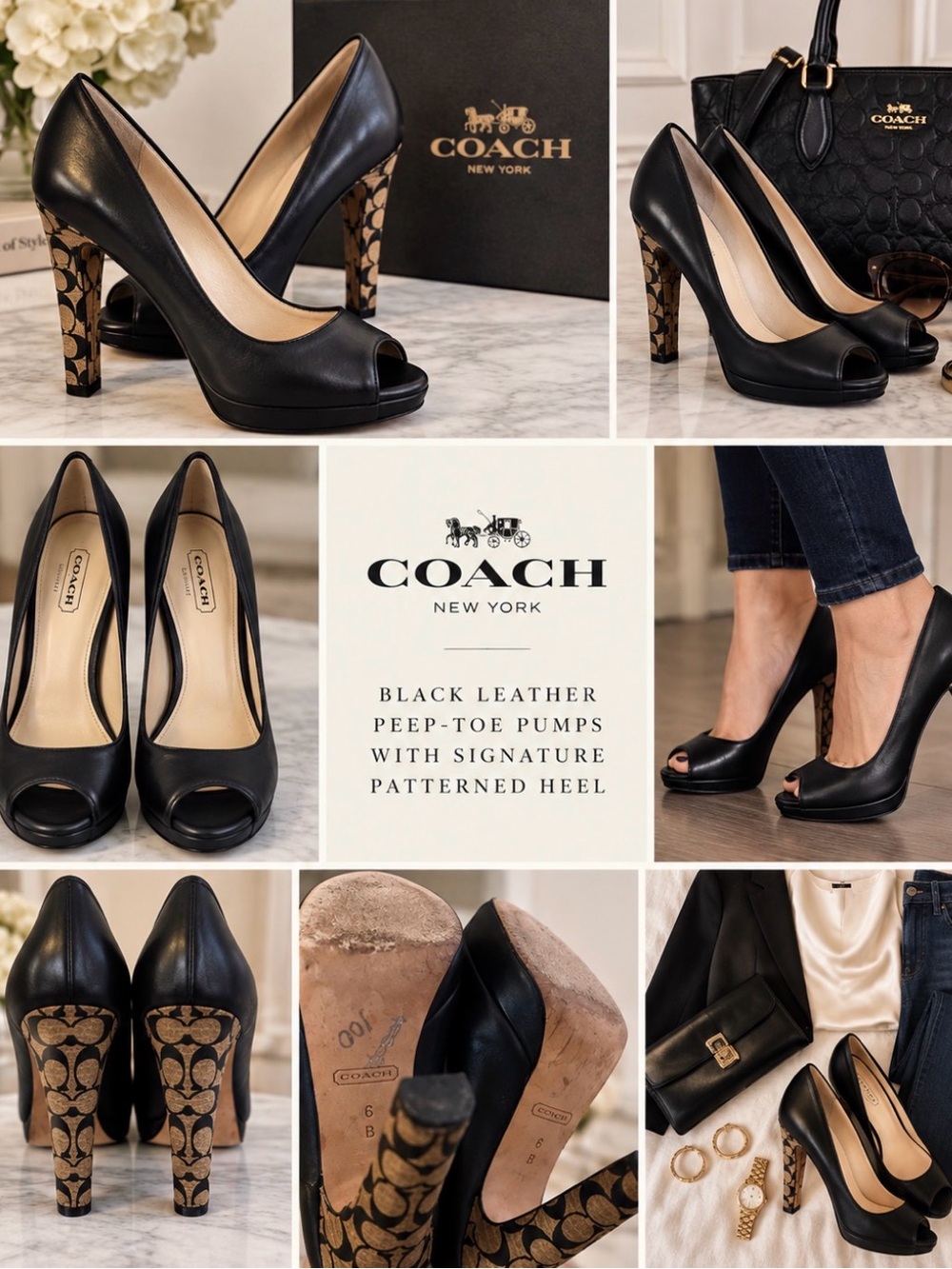 Coach Black Leather Peep-Toe Pumps with Signature Patterned Heel